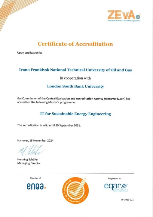Міжнародна акредитація освітньої програми рівня магістр "Інформаційні технології для сталого розвитку енергетики / Informational Technologies for Sustainable Energy Engineering"